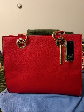 Badgley Mischka Red Pebbled Tote with Gold-Tone Accent